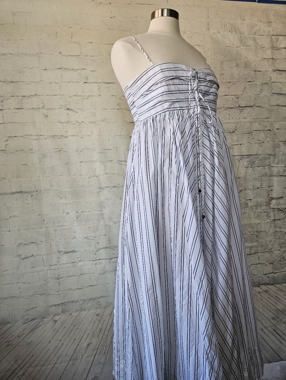 Free People Easy Breezy Midi Dress White Navy Blue Stripe Cotton Large - Picture 8 of 16